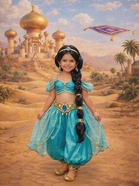 Girls' Teal Princess Genie Costume with Gold Accents